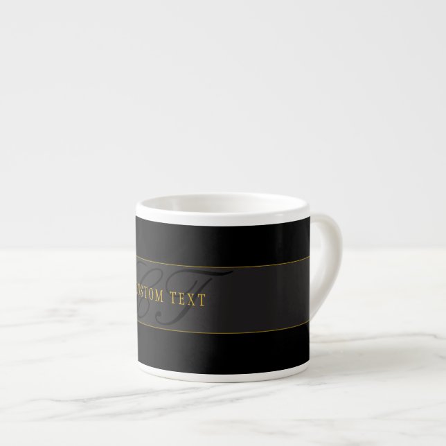 Elegantes Skript-Monogramm Schwarz & Gold Espressotasse (Vorderseite Rechts)