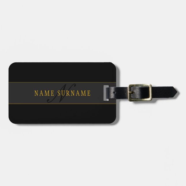 Elegantes Skript-Monogramm Schwarz & Gold Gepäckanhänger (Vorderseite horizontal)