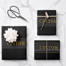Elegantes Skript-Monogramm Schwarz & Gold Geschenkpapier Set