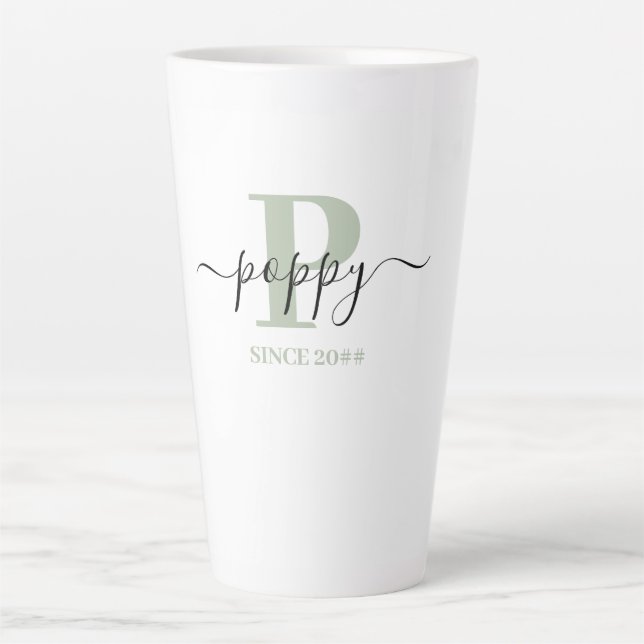 Elegantes Skript-Monogramm Silbergrün Mohn Milchtasse (Vorderseite)