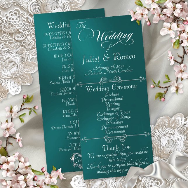 Elegantes Skript & Monogramm - Türkise Hochzeit Programm (Von Creator hochgeladen)