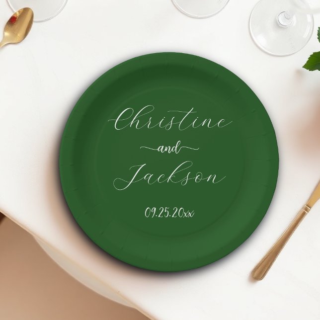 Elegantes Skript Moosgrüne Hochzeit Pappteller (Von Creator hochgeladen)