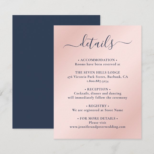 Elegantes Skript Navy Blue and Blush Wedding Detai Begleitkarte (Vorne/Hinten)