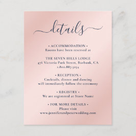 Elegantes Skript Navy Blue and Blush Wedding Detai Begleitkarte