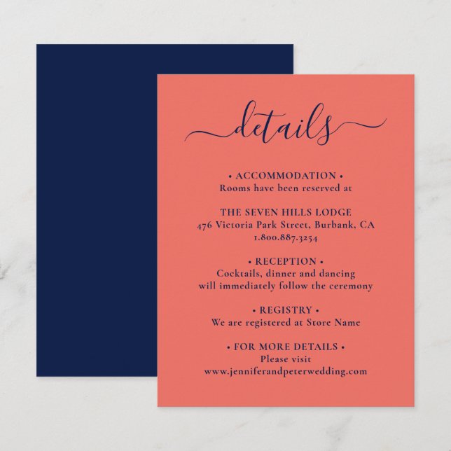 Elegantes Skript Navy Blue und Coral Wedding Detai Begleitkarte (Vorne/Hinten)