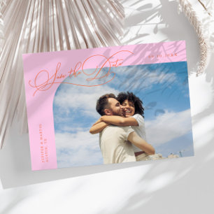 Elegantes Skript Orange Pink gebogenes Rahmenfoto Save The Date