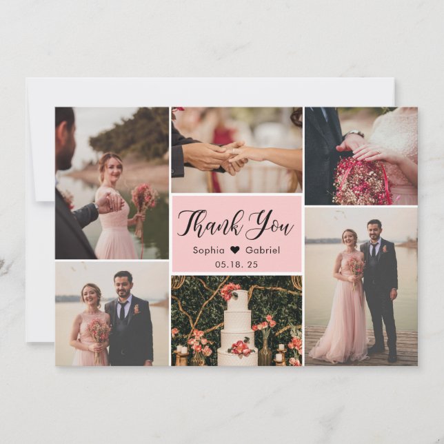 Elegantes Skript Pink Hochzeit Multi Foto Collage  Dankeskarte (Vorderseite)