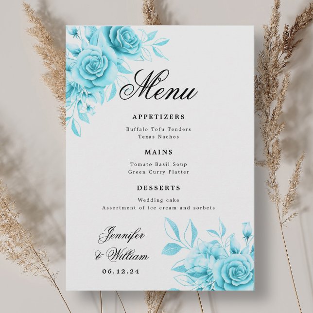 Elegantes Skript Romantische Hochzeit Türkis Flora Menükarte (Elegant Script Romantic Wedding Turquoise Floral Menu)