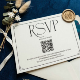 Elegantes Skript RSVP QR Code Schwarz Weiß Hochzei Karte