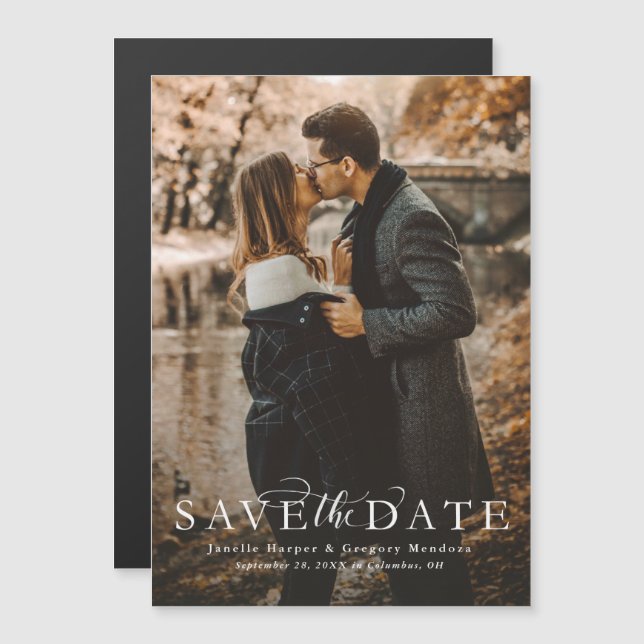 Elegantes Skript-Save the Date Foto Magneteinladung (Vorne/Hinten)