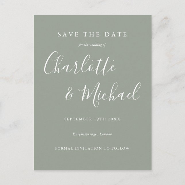 Elegantes Skript Save the Date Hochzeit Ankündigungspostkarte (Vorderseite)