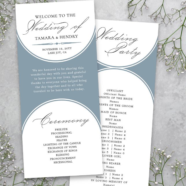 Elegantes Skript Staublaues Bogen-Hochzeitsprogram (Elegant Dusty Blue Wedding Program  from my Wedding Colors Collection)