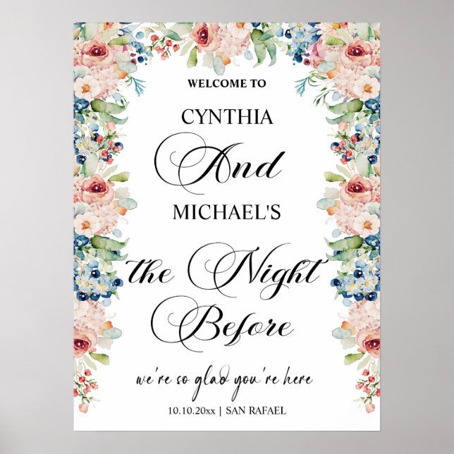 Elegantes Skript 'The Night Before' Hochzeit flora Poster (Vorne)