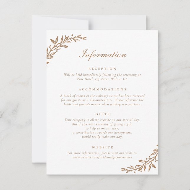 Elegantes Skript Vintage Olive Leaf Hochzeitdetail Einladung (Vorderseite)