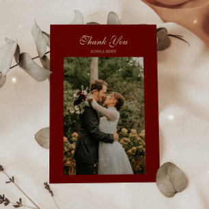 Elegantes Skript Weinrotes Hochzeitsfoto Dankeskarte