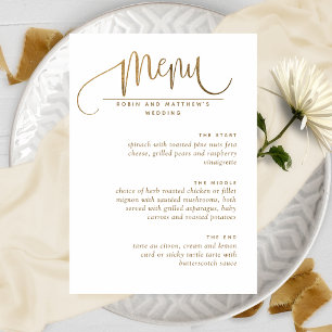 Elegantes Skript-, White- und Gold-Hochzeitmenü Menükarte