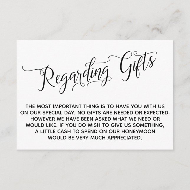 Elegantes Skript zu Geschenken für die Hochzeit Begleitkarte (Vorderseite)