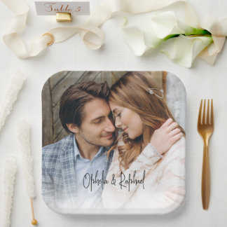 Elegantes Skriptnamen Foto Overlay Hochzeit Pappteller