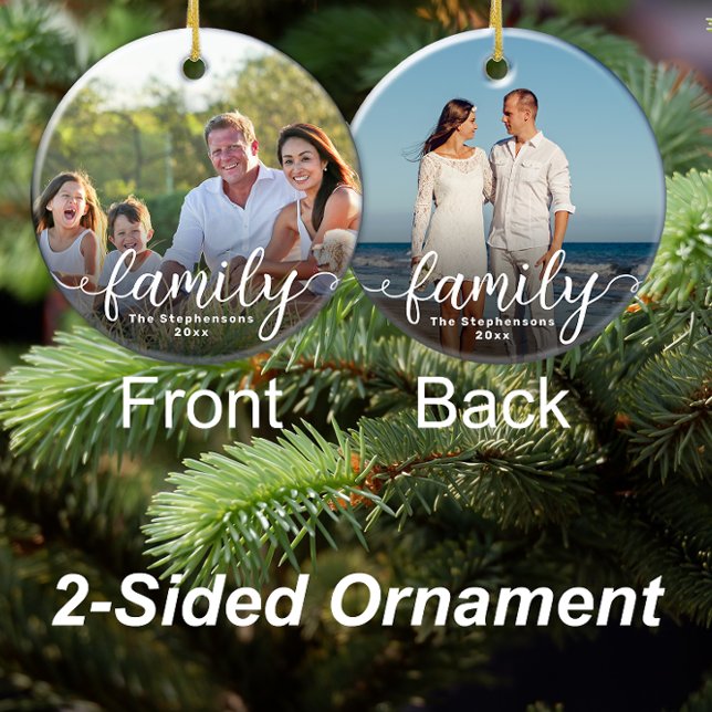 Elegantes Skriptüberlagerungs-Doppelseitiges Foto Keramik Ornament (double sided annual family photo christmas ornament)