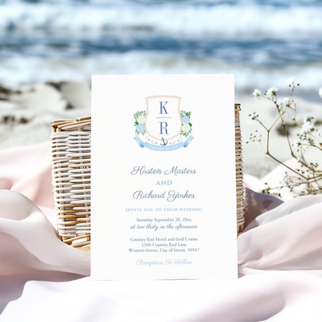 Elegantes Sky Blue Coastal Monogram Wappen Wedding Einladung (Coastal wedding invitation featuring handpainted watercolor crest with oyster shells and anchor)