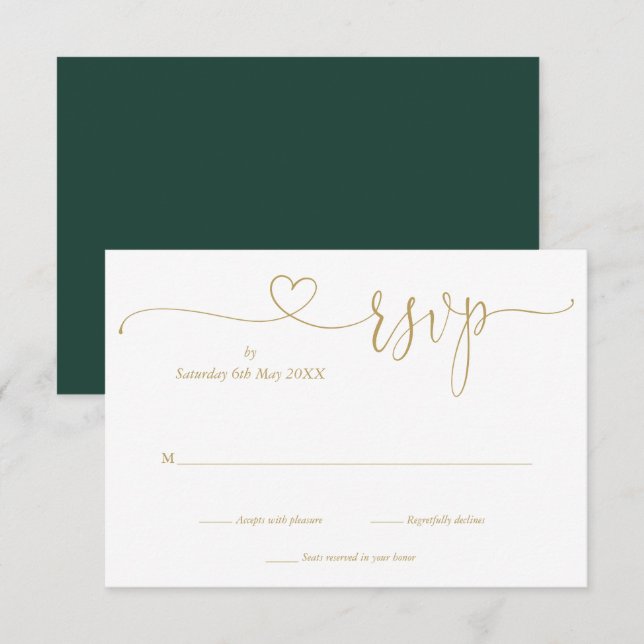 Elegantes Smaragd und Gold Elegantes Script Herz RSVP Karte (Vorne/Hinten)