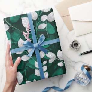 Elegantes Smaragdblatt Weißes Blumenmuster Geschenkpapier