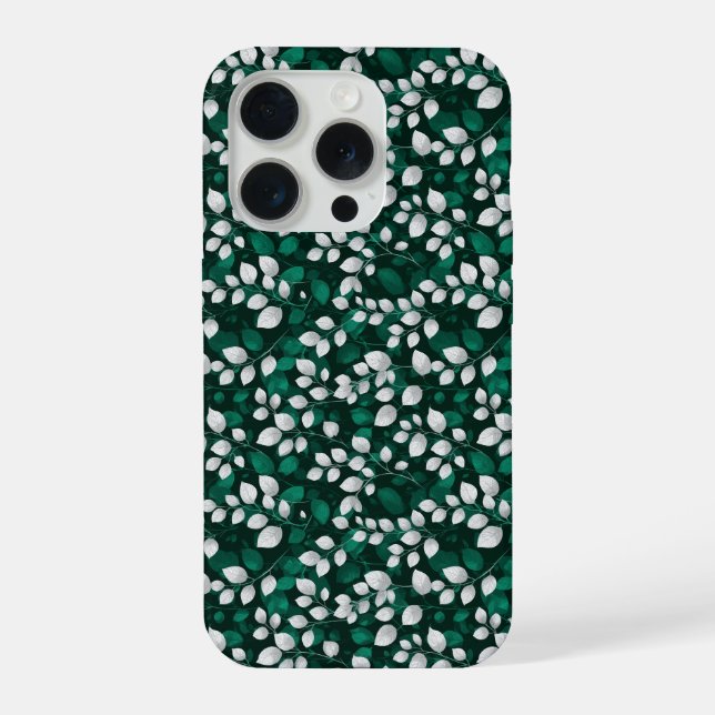 Elegantes Smaragdblatt weißes Blumenmuster iPhone 15 Pro Hülle (Rückseite)