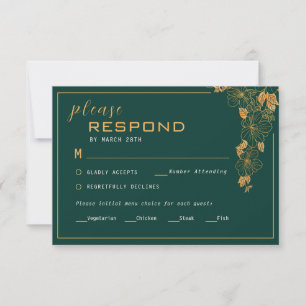 Elegantes Smaragdgrün-goldenes Blattwerk RSVP Karte