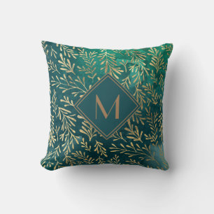 Elegantes Smaragdgrün mit Gold Blätter Monogram Kissen