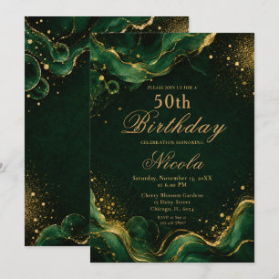 Elegantes Smaragdgrün und Gold Alcohol Ink Einladung