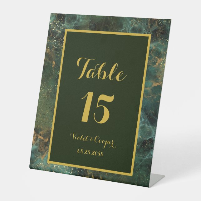 Elegantes Smaragdgrün und Gold Flecks Hochzeitsenv Sockelschild (Vorderseite)