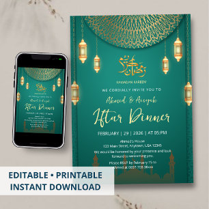 Elegantes Smaragdgrün und Gold Mandala Iftar Einladung