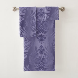 Elegantes Smokey Indigo-lila Damast-Druck Badhandtuch Set