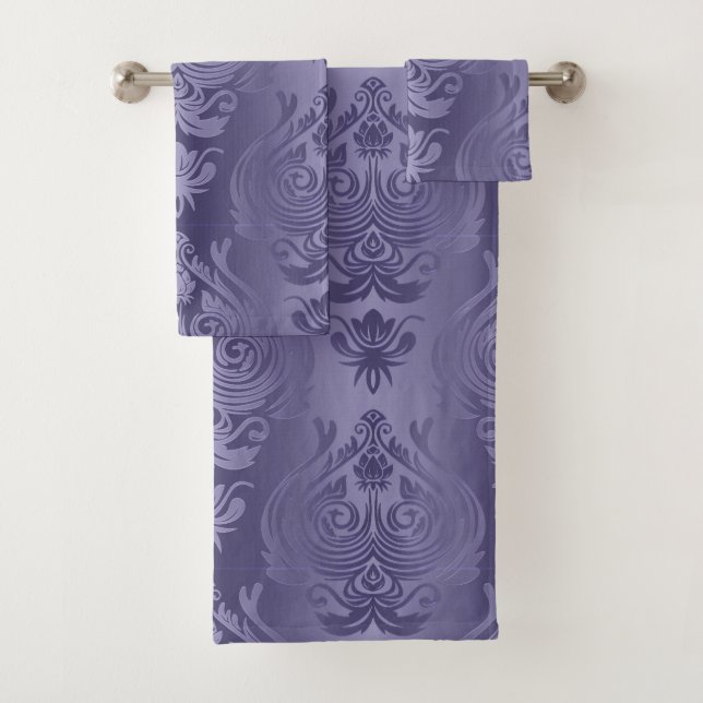 Elegantes Smokey Indigo-lila Damast-Druck Badhandtuch Set (Insitu)