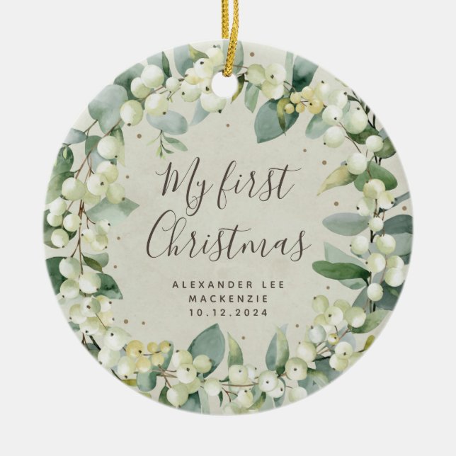 Elegantes Snowberry Baby's First Christmas Foto Keramik Ornament (Vorne)