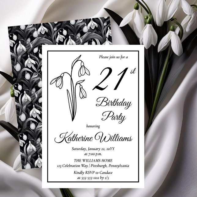 Elegantes Snowdrops 21. Geburtstag Party Einladung (Elegant January Birth Month Snowdrops Floral "21st Birthday Party" Invitations -- Print | Download)