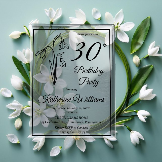 Elegantes Snowdrops 30. Geburtstag Party Acryleinladungen (Elegant Snowdrops 30th Birthday Party Acrylic Invitations)