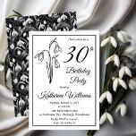 Elegantes Snowdrops 30. Geburtstag Party Einladung<br><div class="desc">Elegantes Schneevergnügen im Blumendesign "30. Geburtstag Party" mit einem Blumenmotiv im Schneefall mit Schwarz-Weiß-Schneefall-Blumenmuster hinten.</div>