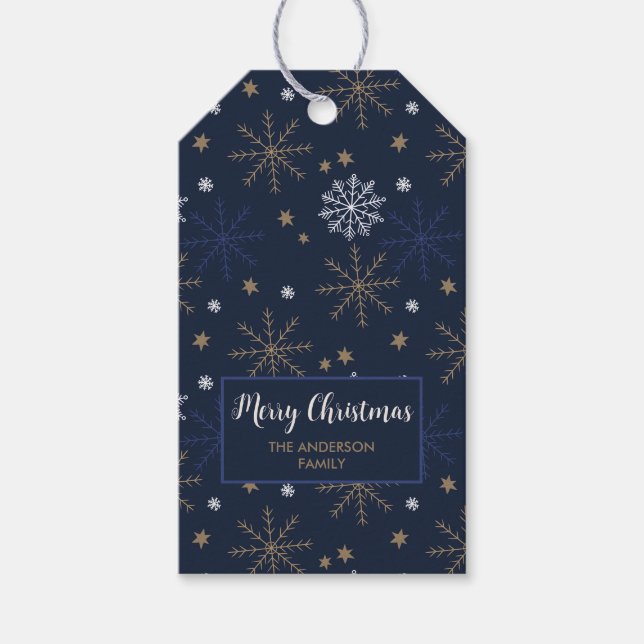 Elegantes Snowflake Muster Dunkelblaues Label Geschenkanhänger (Vorderseite)