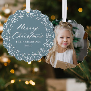 Elegantes Snowflake Wreath Blauer Foto Weihnachten Ornament Karte