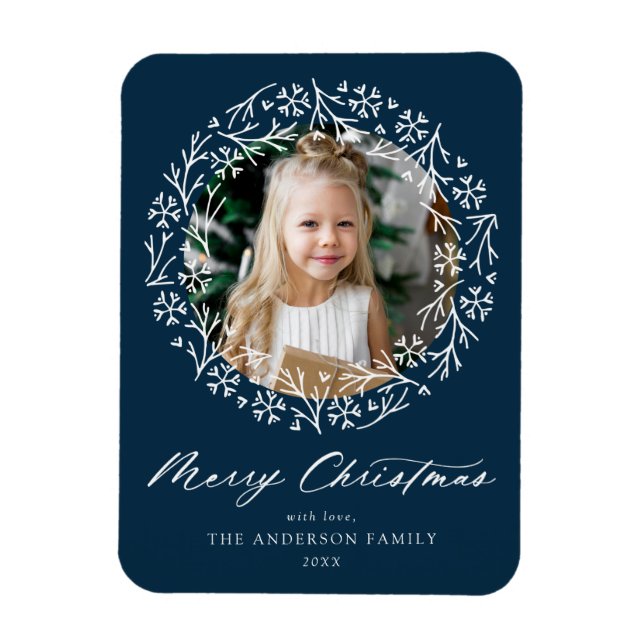 Elegantes Snowflake Wreath Navy Foto Magnet (Vertikal)