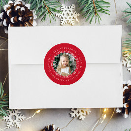Elegantes Snowflake Wreath Rotes Foto Rücksendeadr Runder Aufkleber