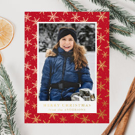 Elegantes Snowflakes Foto Rot und Gold Folien Feiertagspostkarte