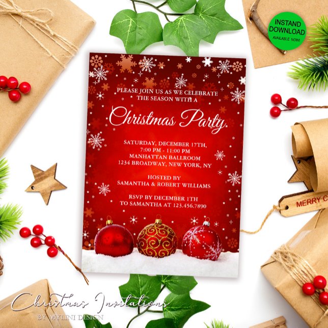 Elegantes Snowy Red Christmas Balls Weihnachts-Par Einladung (Von Creator hochgeladen)