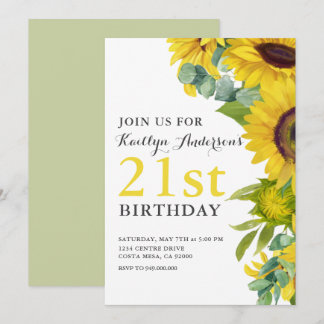 Elegantes Sonnenblumen 21. BIrdday Party Einladung