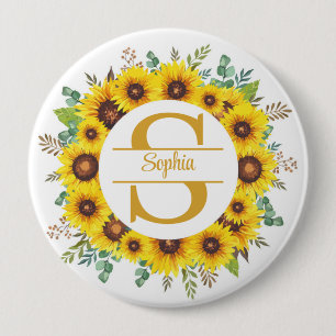 Elegantes Sonnenblumen-Blumen-Monogramm mit Namen Button