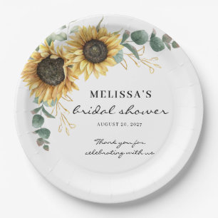 Elegantes Sonnenblumen Eukalyptus Floral Brautpart Pappteller