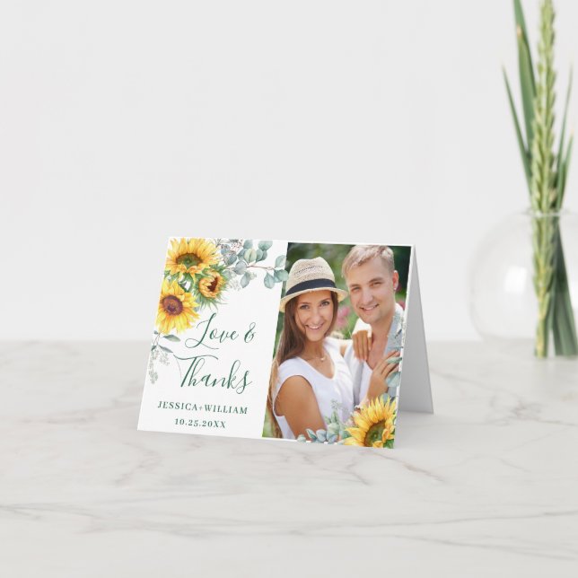 Elegantes Sonnenblumen Eukalyptus Wedding FOTO Dankeskarte (Vorderseite)