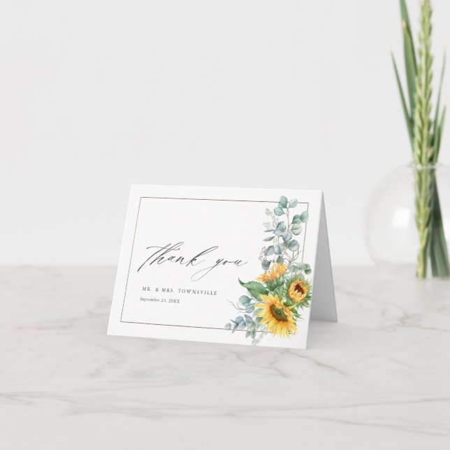 Elegantes Sonnenblumen Eukalyptus Wedding Foto Dankeskarte (Vorderseite)
