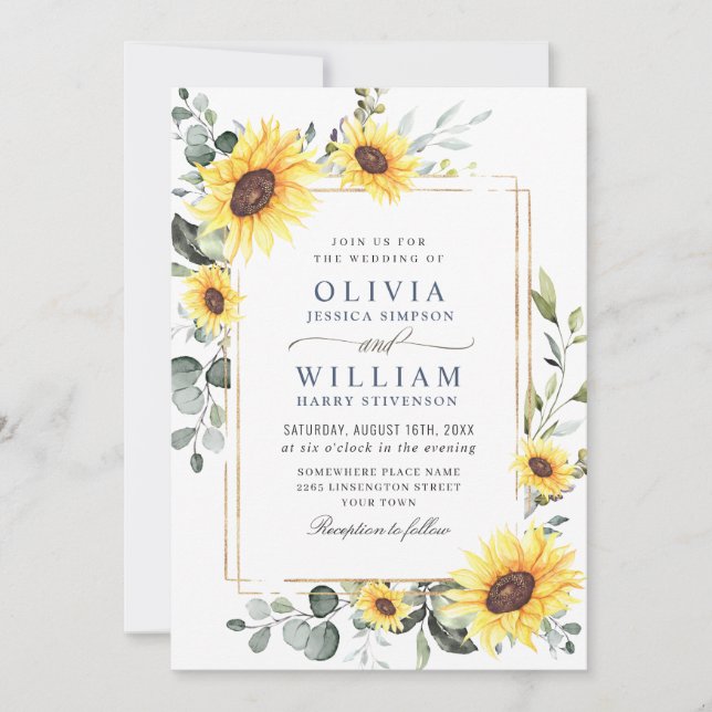 Elegantes Sonnenblumen Eukalyptus Wedding Foto Einladung (Vorderseite)